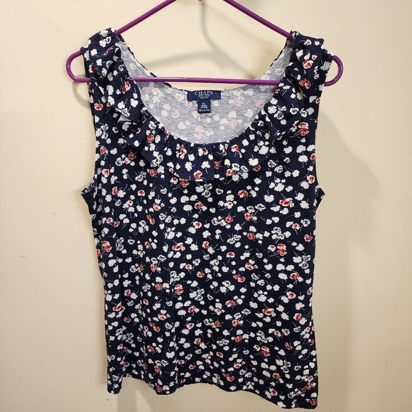 Chaps Tops - Chaps navy floral ruffled neck sleeveless 100% cotton size PL